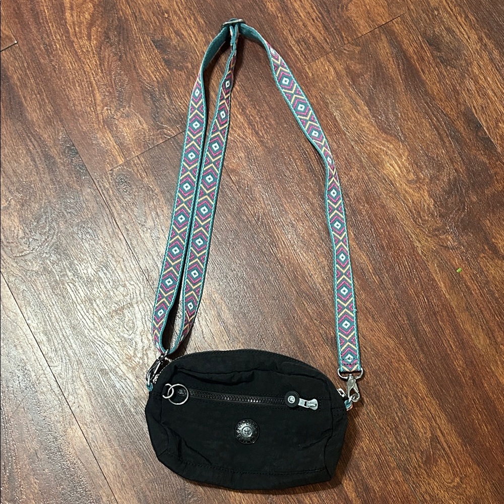 Kipling Black Crossbody Bag with Patterned Purple & Teal Strap